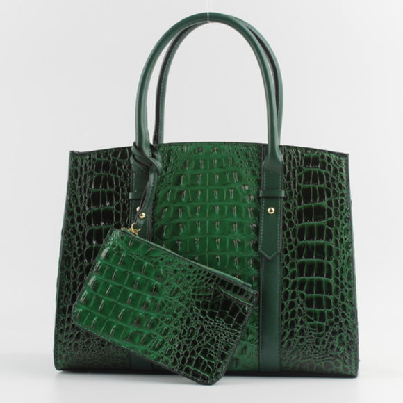Decorated belted crocodile embossed tote - green