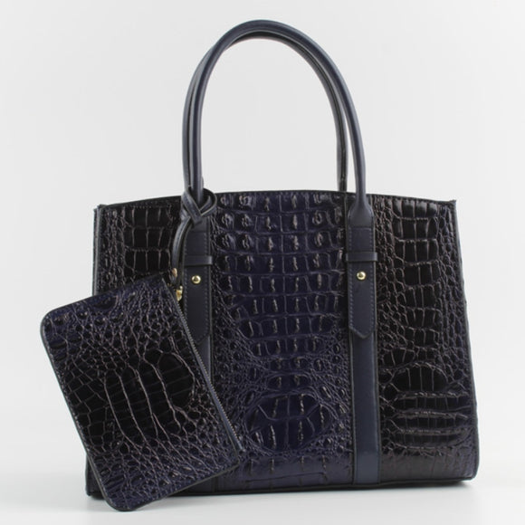 Decorated belted crocodile embossed tote - blue