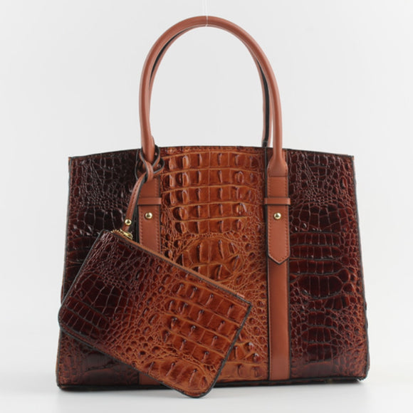 Decorated belted crocodile embossed tote - brown