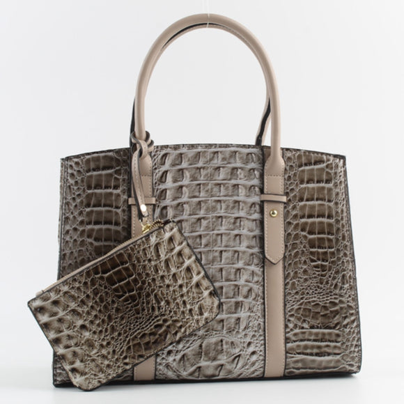 Decorated belted crocodile embossed tote - grey