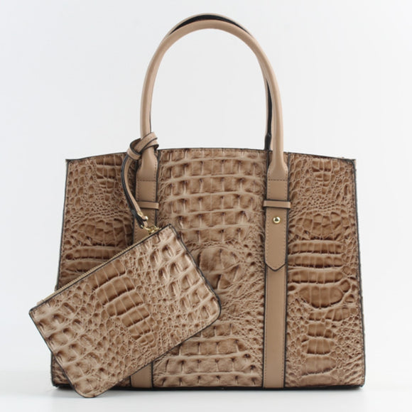 Decorated belted crocodile embossed tote - khaki