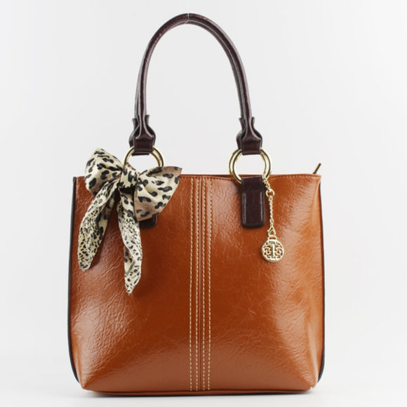 Stitch detail tote with leopard pattern scarf - brown