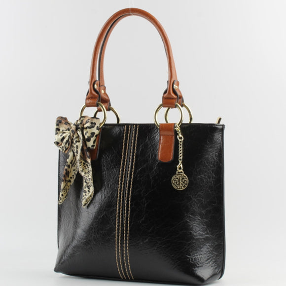 Stitch detail tote with leopard pattern scarf - black