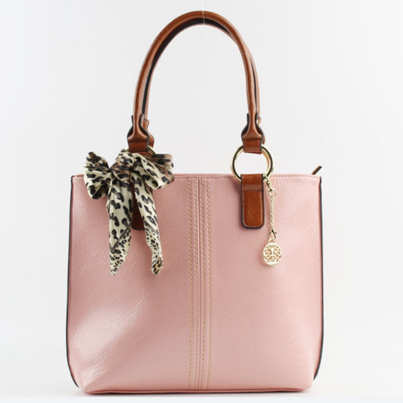 Stitch detail tote with leopard pattern scarf - pink