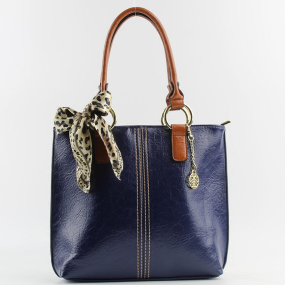Stitch detail tote with leopard pattern scarf - blue