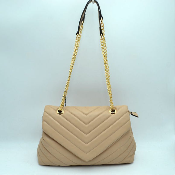 Chevron quilted chain chsoulder bag - nude