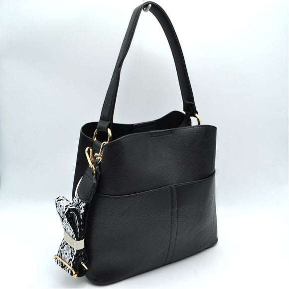 Single handle shoulder bag with fashion strap - black