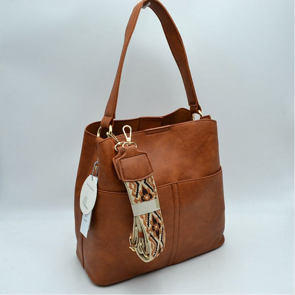 Single handle shoulder bag with fashion strap - brown