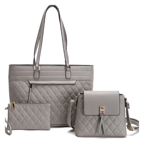 3-in-1 diamond quilted handbag set - grey