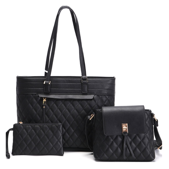 3-in-1 diamond quilted handbag set - black