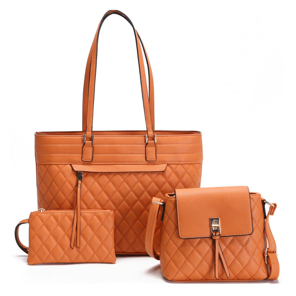 3-in-1 diamond quilted handbag set - brown