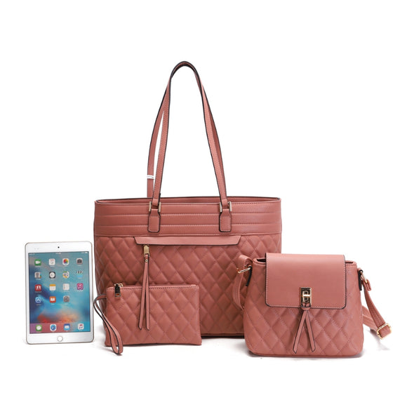 3-in-1 diamond quilted handbag set - pink