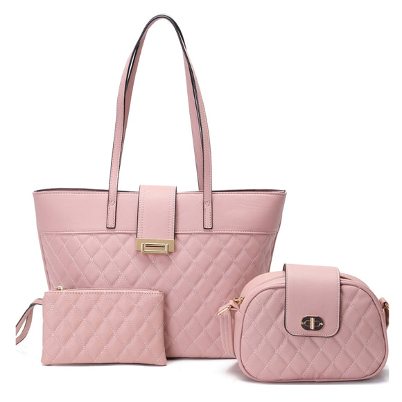 3-in-1 quilted detail handbag set - pink