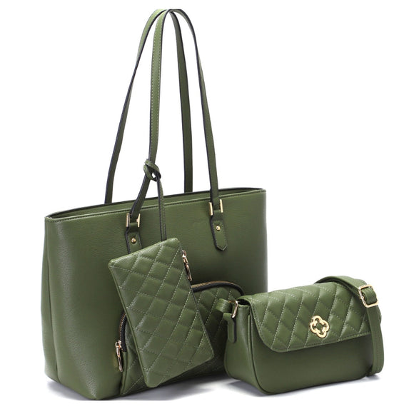 3-in-1 quilted front pocket tote set - olive