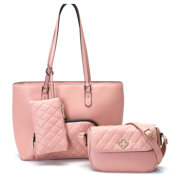 3-in-1 quilted front pocket tote set - pink