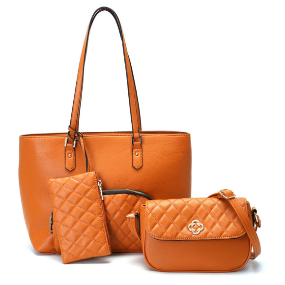 3-in-1 quilted front pocket tote set - brown