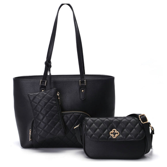 3-in-1 quilted front pocket tote set - black