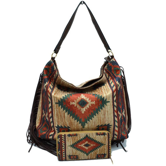 Aztec pattern fringe fabric shoulder bag with wallet - stone