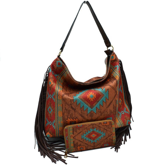 Aztec pattern fringe fabric shoulder bag with wallet - coffee