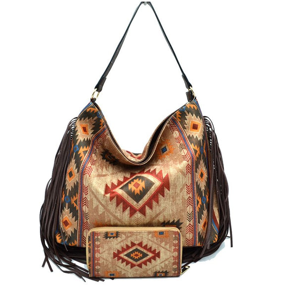 Aztec pattern fringe fabric shoulder bag with wallet - beige