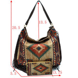 Aztec pattern fringe fabric shoulder bag with wallet - coffee