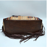 Aztec pattern fringe fabric shoulder bag with wallet - stone