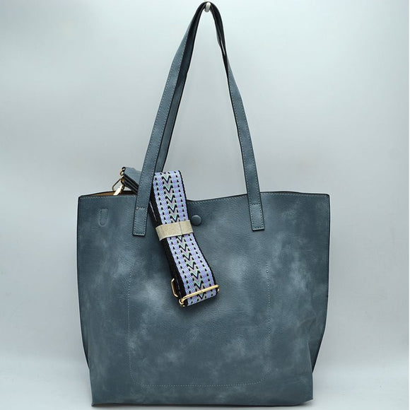 Fashion strap tote with pouch - denim