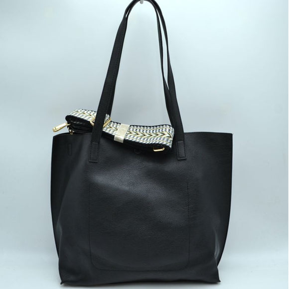 Fashion strap tote with pouch - black