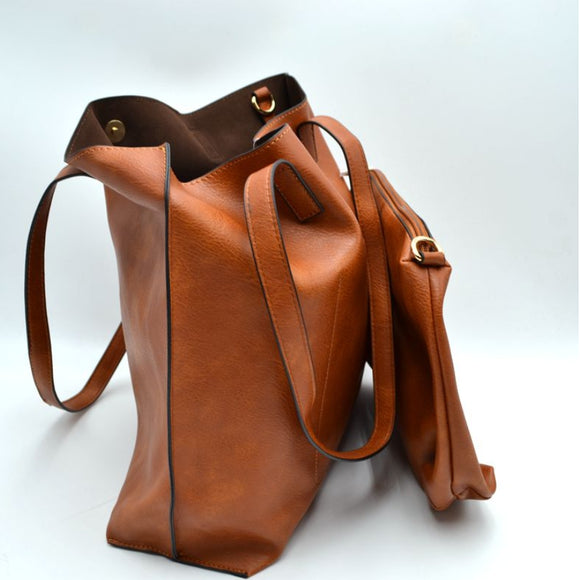 Fashion strap tote with pouch - brown