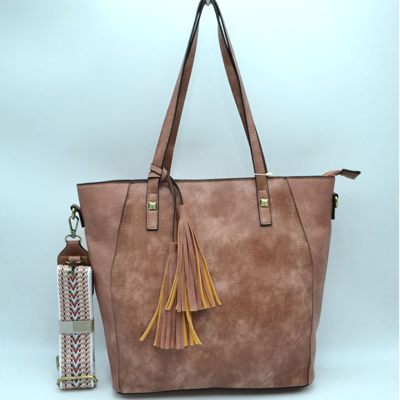 Fashion strap tassel tote with pouch - blush