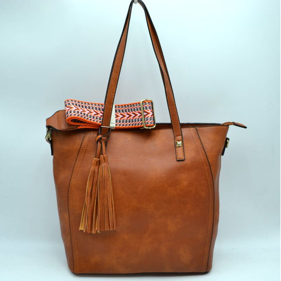 Fashion strap tassel tote with pouch - brown