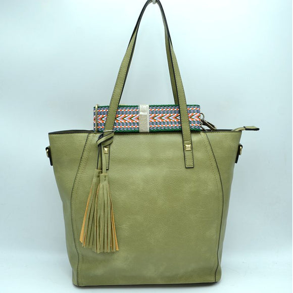 Fashion strap tassel tote with pouch - olive