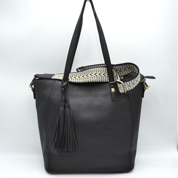 Fashion strap tassel tote with pouch - black