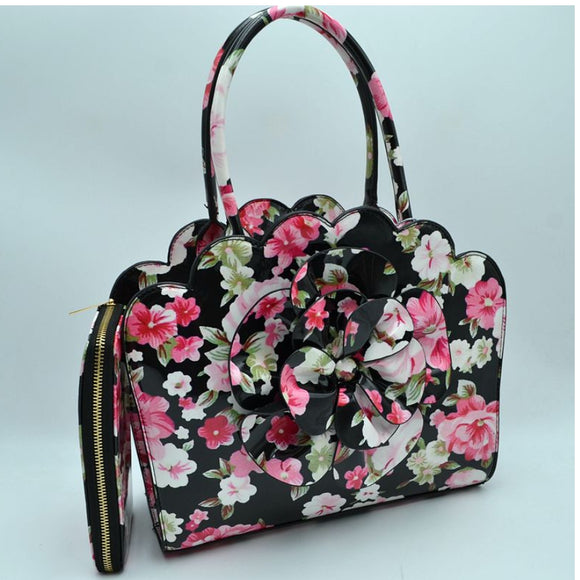 3d floral tote with wallet - black