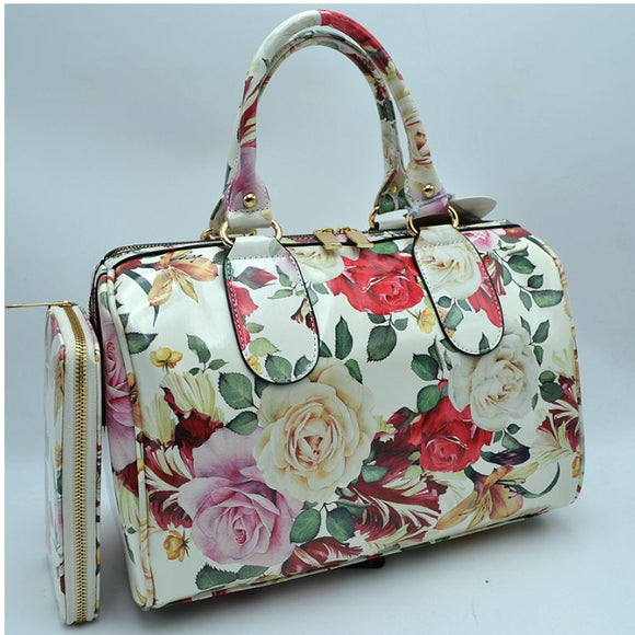 Floral print boston bag with wallet - white