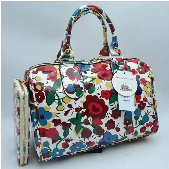 Floral print boston bag with wallet - multi