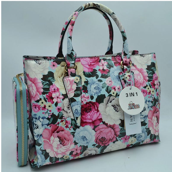 3-in-1 floral print handbag set - light blue