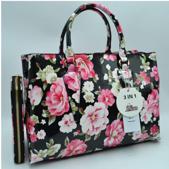 3-in-1 floral print handbag set - black