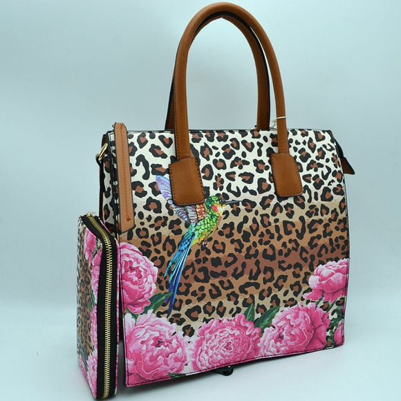 Leopard, bird, floral print tall tote with wallet - brown