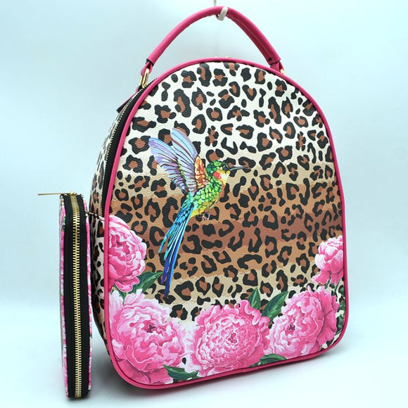Leopard, bird, floral printed backpack with wallet - fuchsia