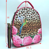 Leopard, bird, floral printed backpack with wallet - fuchsia