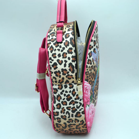 Leopard, bird, floral printed backpack with wallet - brown