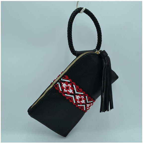 Embroidery stripe wristlet with tassel - black/red