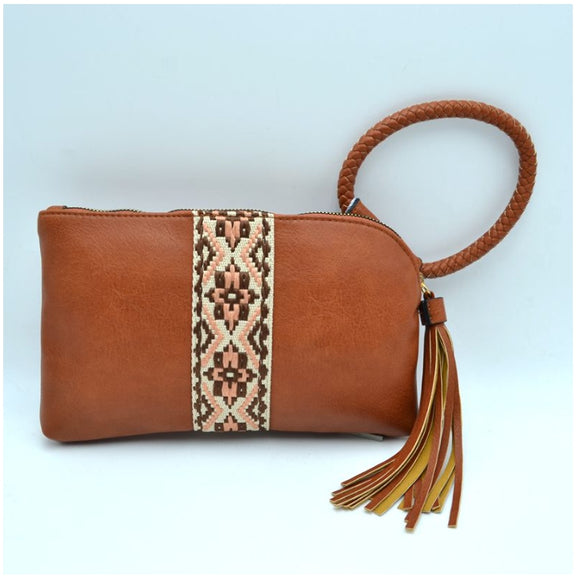 Embroidery stripe wristlet with tassel - brown