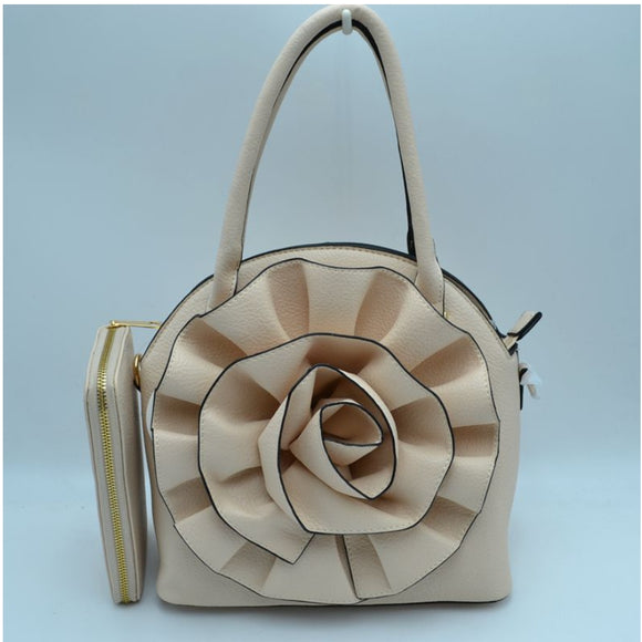 3d flower detail satchel with wallet - beige