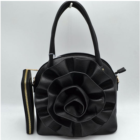 3d flower detail satchel with wallet - black