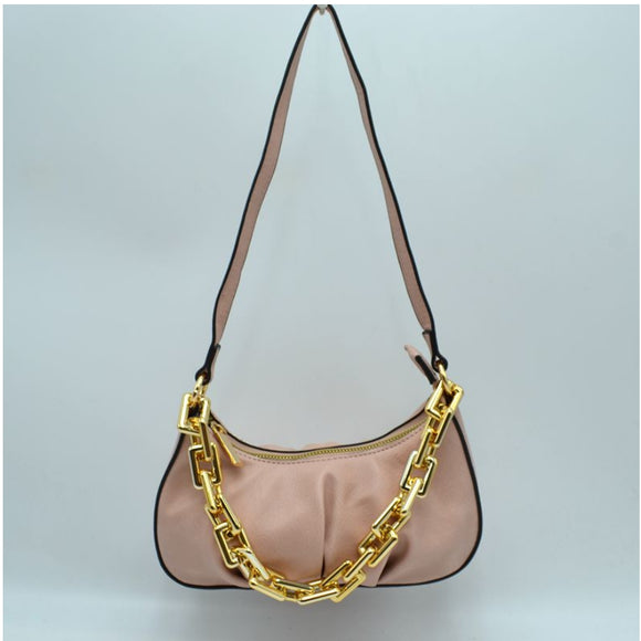 Fake chain wrinkled shoulder bag - blush