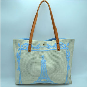 Eiffel tower embroidery fabric tote - blue