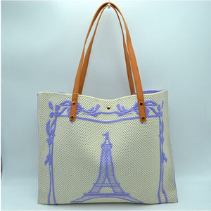 Eiffel tower embroidery fabric tote - purple