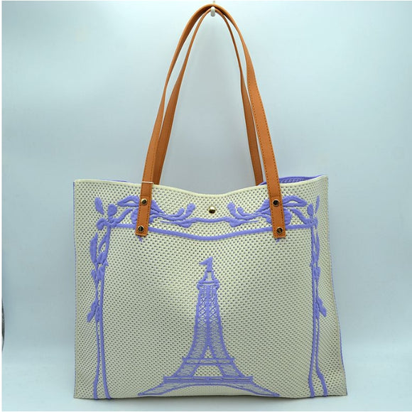 Eiffel tower embroidery fabric tote - purple